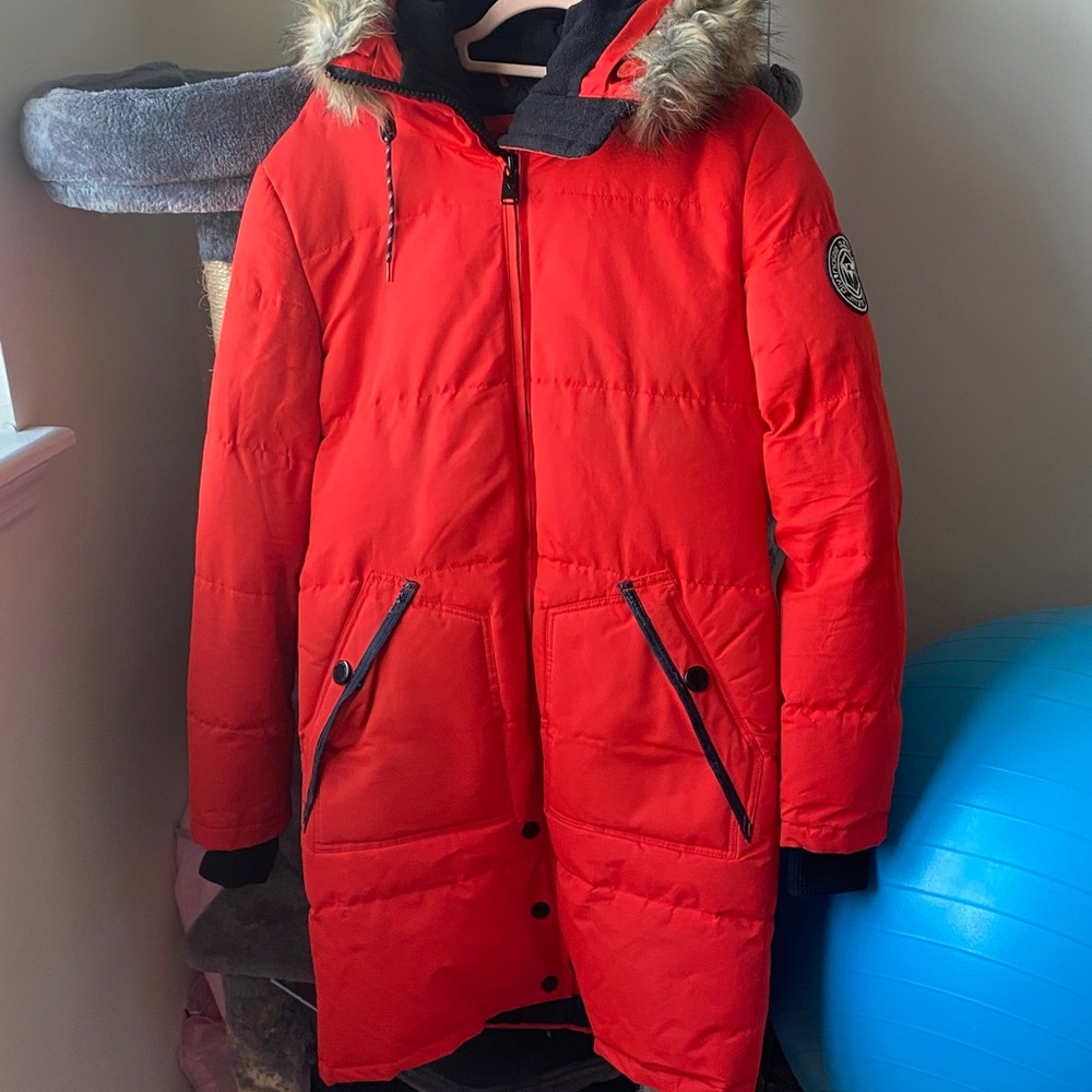 Noize Red Puffer Jacket with Faux Fur Hood